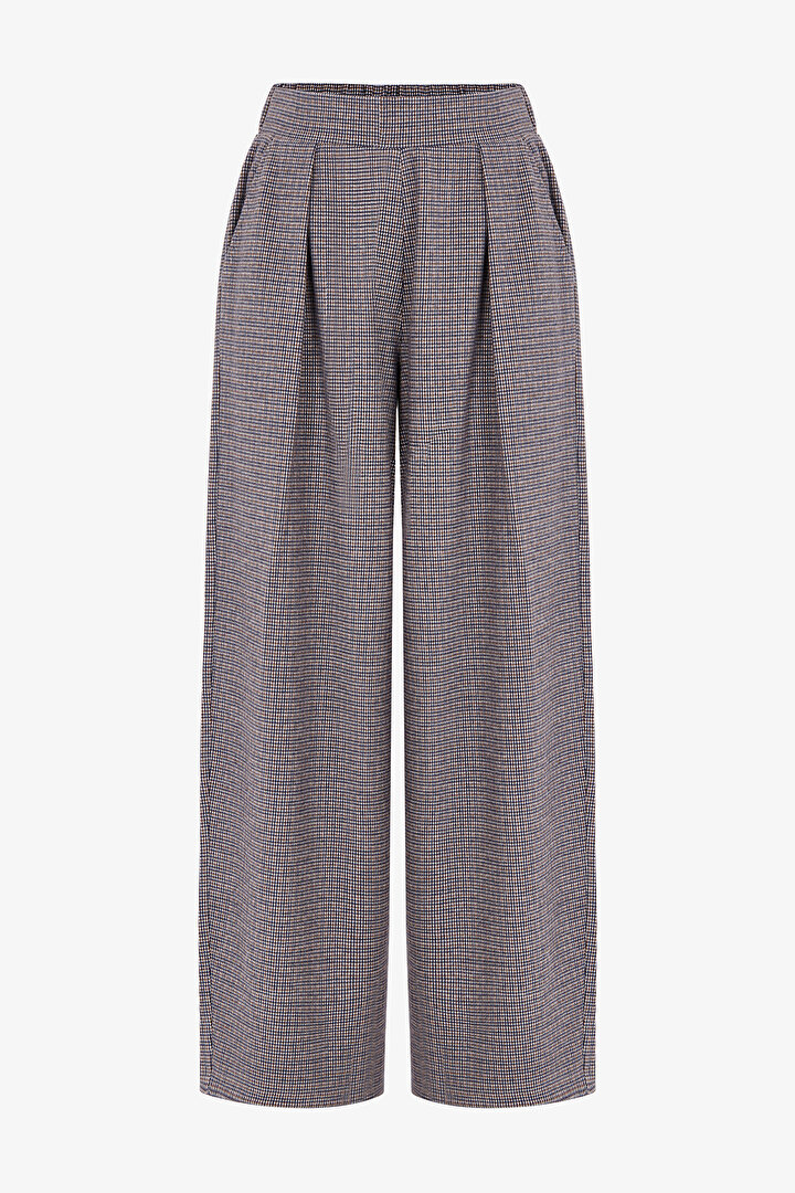 Houndstooth Dar Paça Ekoseli Yüksek Bel Pantolon - 1