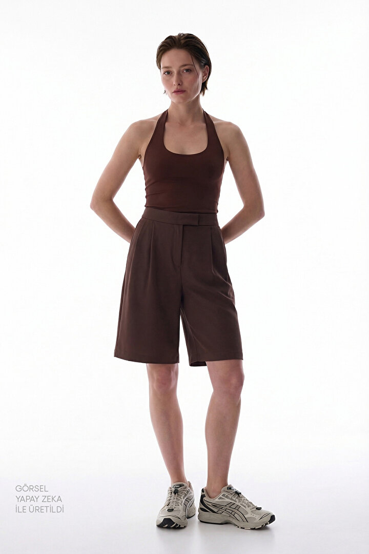 Kahverengi Yüksek Bel Bermuda Şort - 2