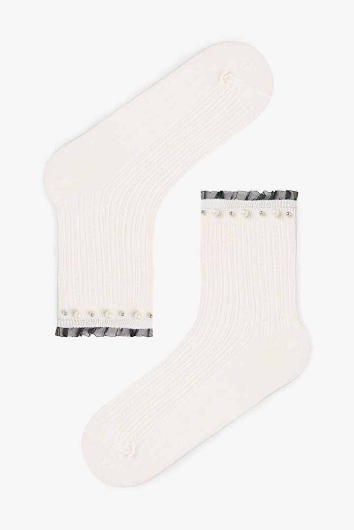 Pamuklu Bilek Kısmı İnci Detaylı ve Tül Fırfırlı Soket Çorap - 1
