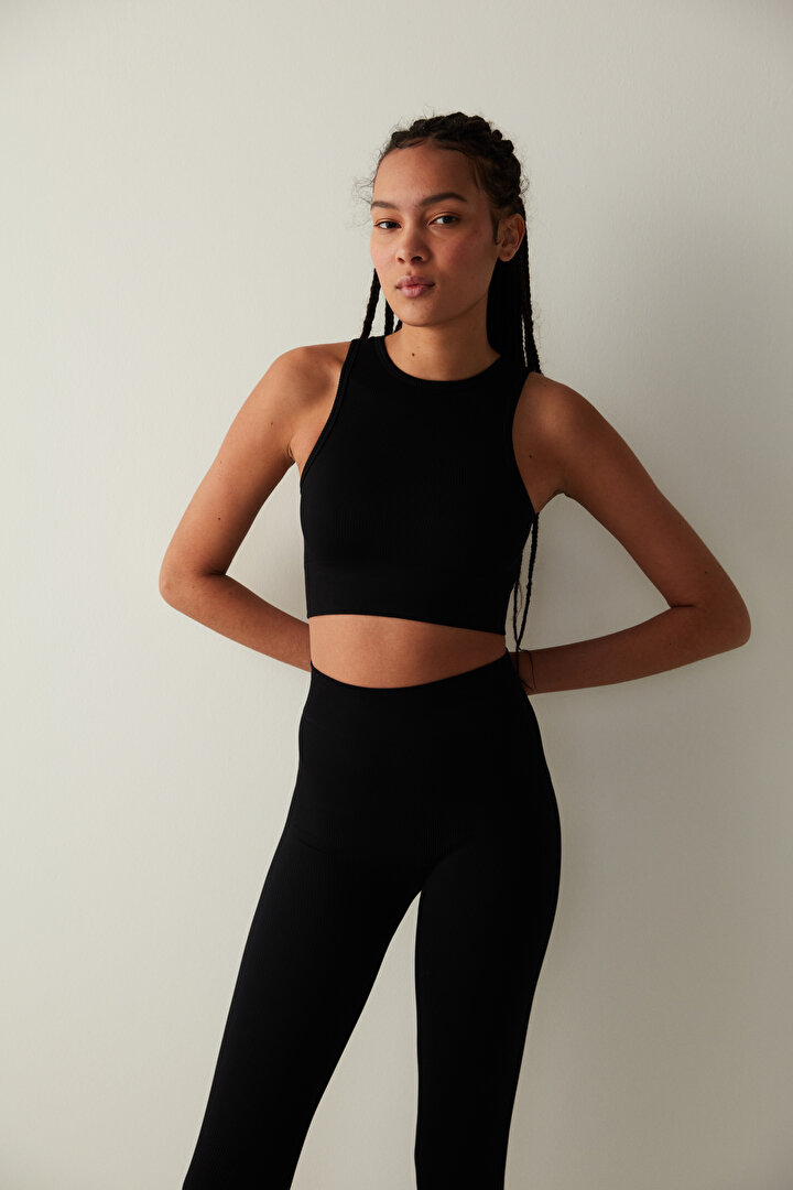Black Seamless Ribbed Active Top - 1