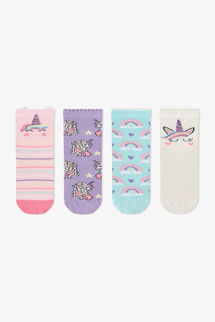 Girls' Pink Unicorn Sky Cotton 4 Pack Ankle Socks - 1