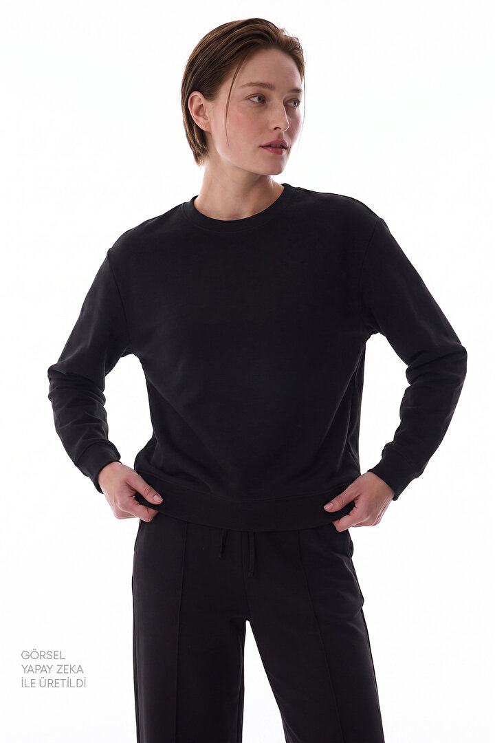 Siyah Modal Bisiklet Yaka Oversize Sweatshirt - 2