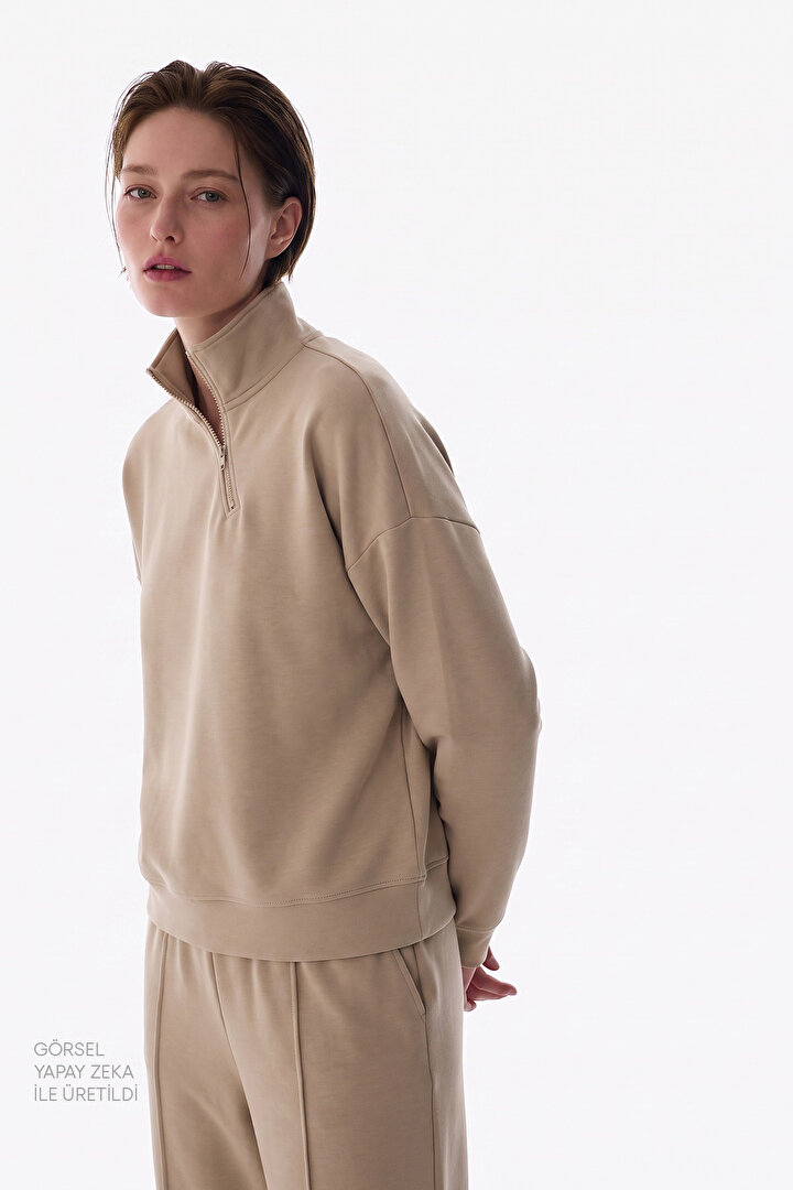 Bej Modal Yarım Fermuarlı Modal Sweatshirt - 1