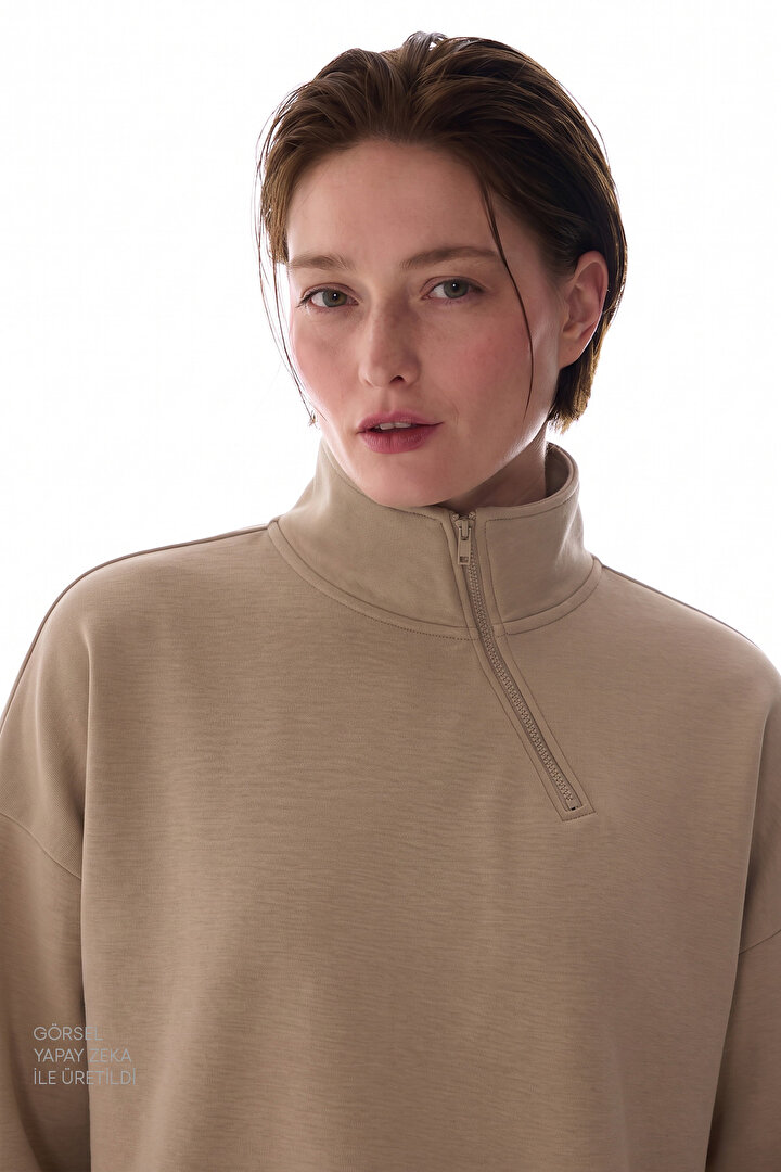 Bej Modal Yarım Fermuarlı Modal Sweatshirt - 2