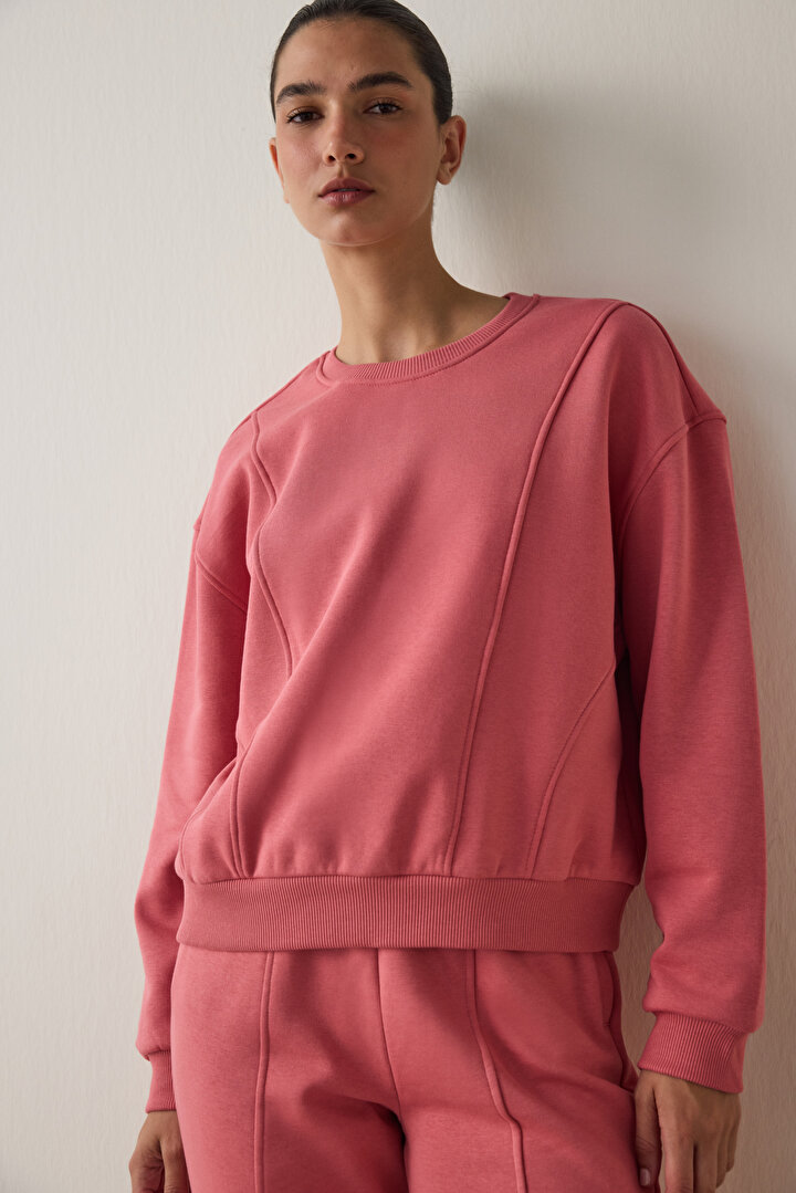 Çöl Gülü Oversize Bisiklet Yaka Crop Sweatshirt - 1