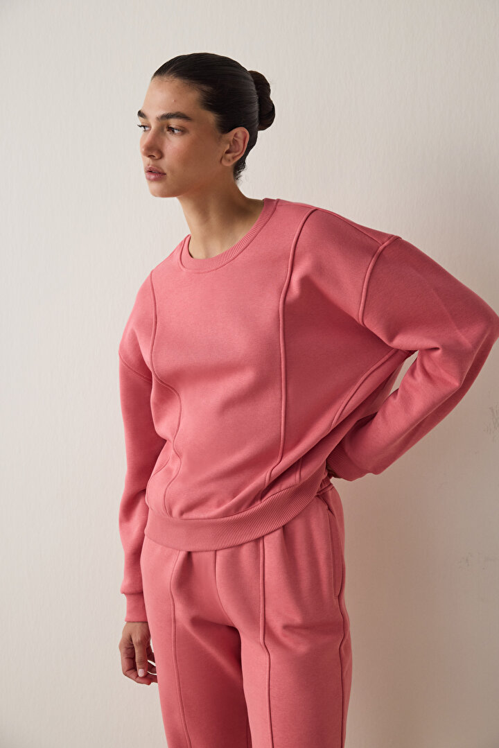 Çöl Gülü Oversize Bisiklet Yaka Crop Sweatshirt - 2