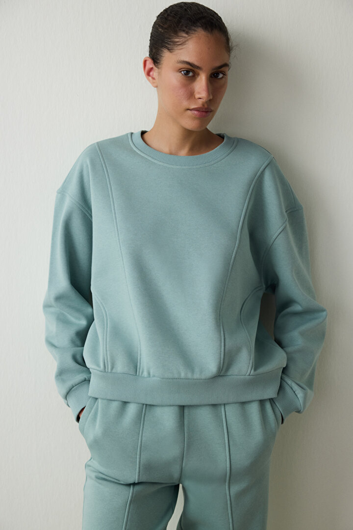 Mint Curvy Side Bisiklet Yaka Oversize Crop Sweatshirt - 1