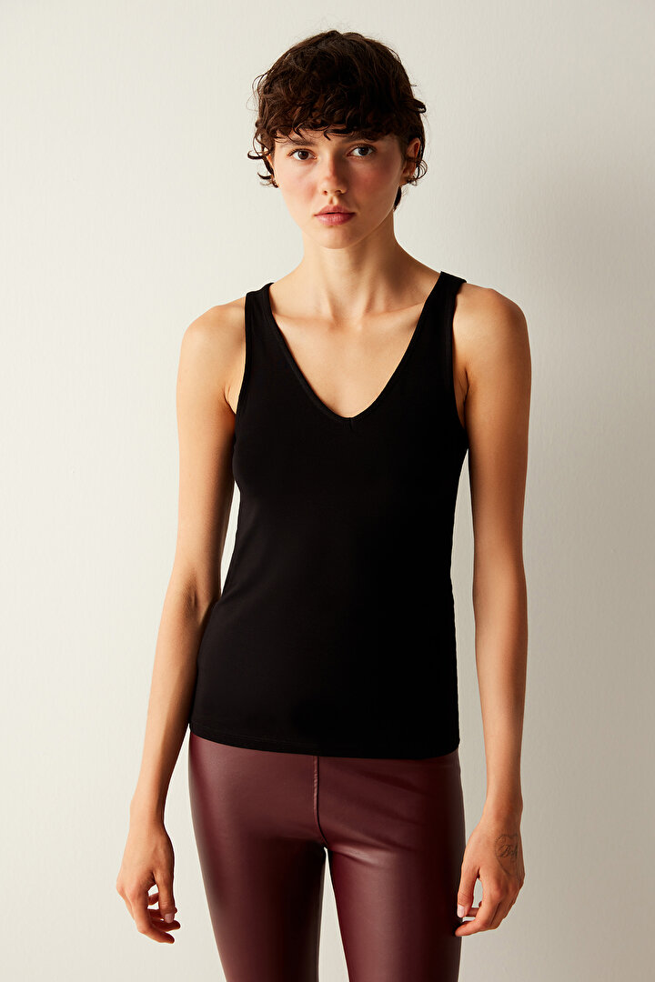 V Neck Soft Black Tank Top - 1