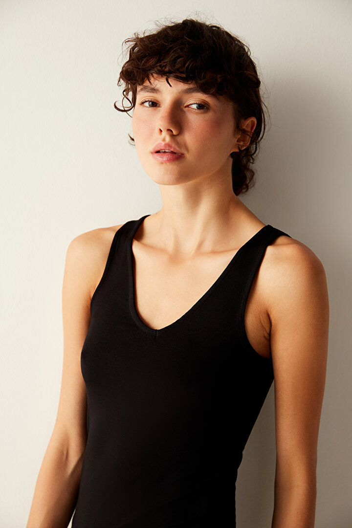 V Neck Soft Black Tank Top - 2