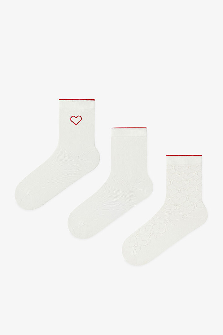 3 Çift Burun Dikişsiz Pamuklu Kırmızı Kalp Kabartma Desenli Soket Çorap - 1