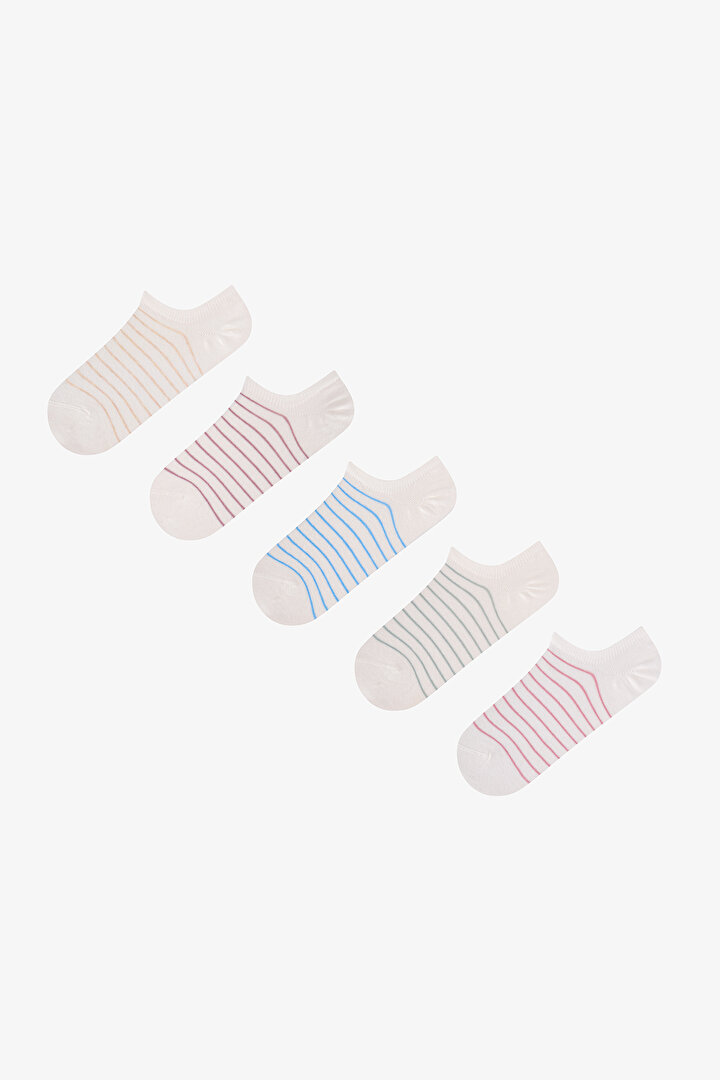 5 Çift Burun Dikişsiz Pamuklu Renkli Çizgi Desenli Sneaker Çorap - 1