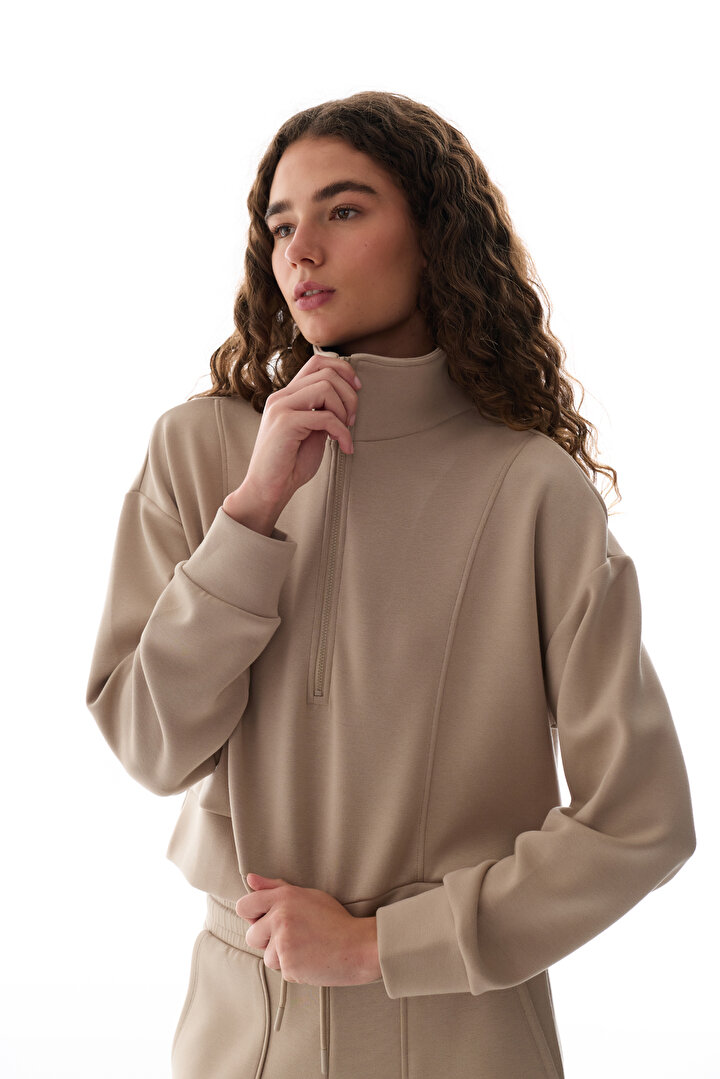 Bej İpeksi Dokunuş Silky Touch Yarım Fermuarlı Sweatshirt - 2