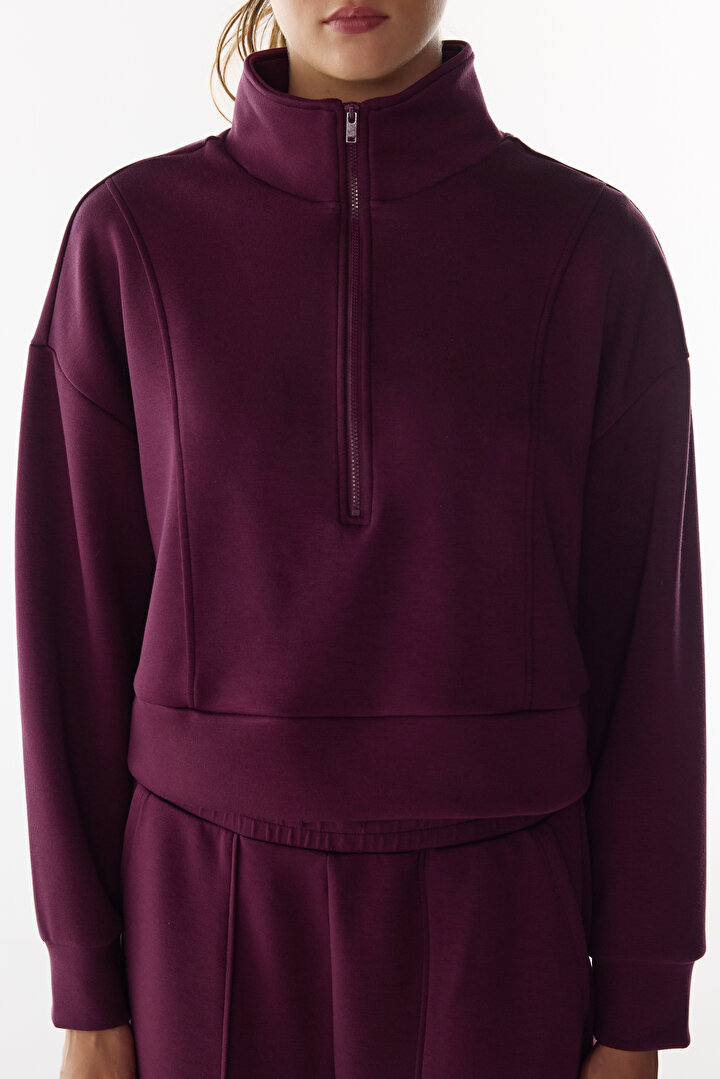 Bordo İpeksi Dokunuş Silky Touch Yarım Fermuarlı Sweatshirt - 2