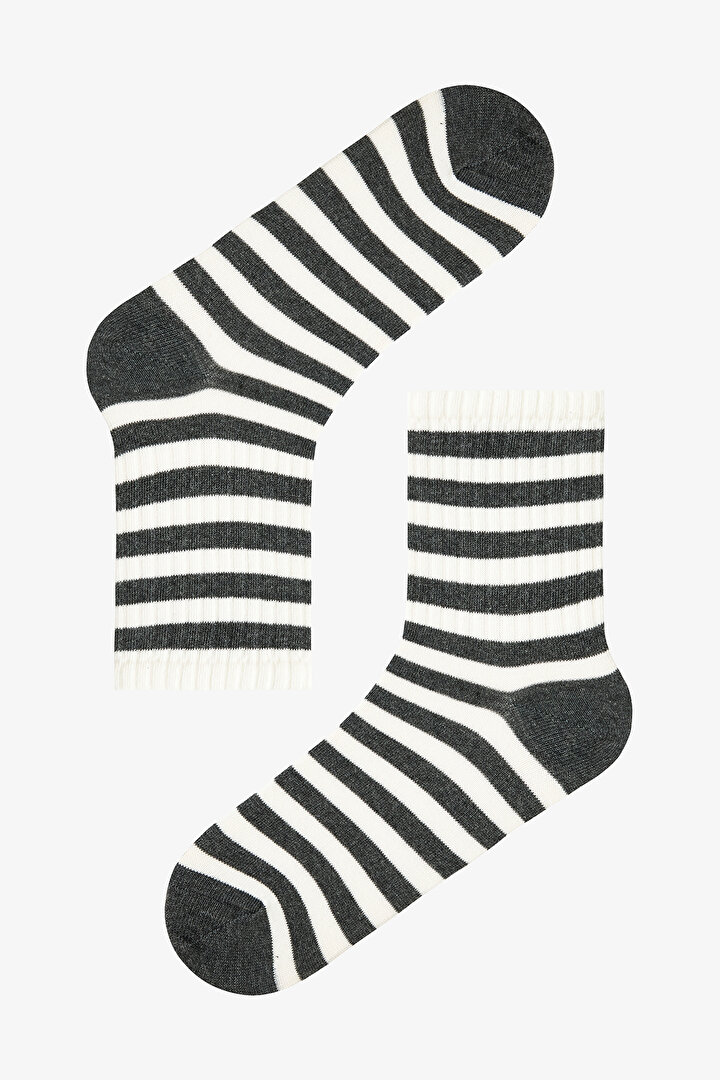 3 Çift Pamuklu Kalın Çizgili Soket Çorap - 2