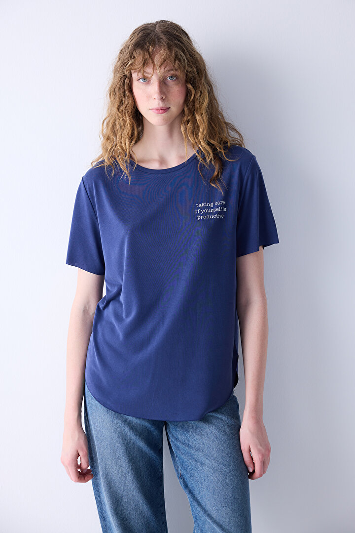 Crew Neck Printed Navy Blue Tshirt - 1