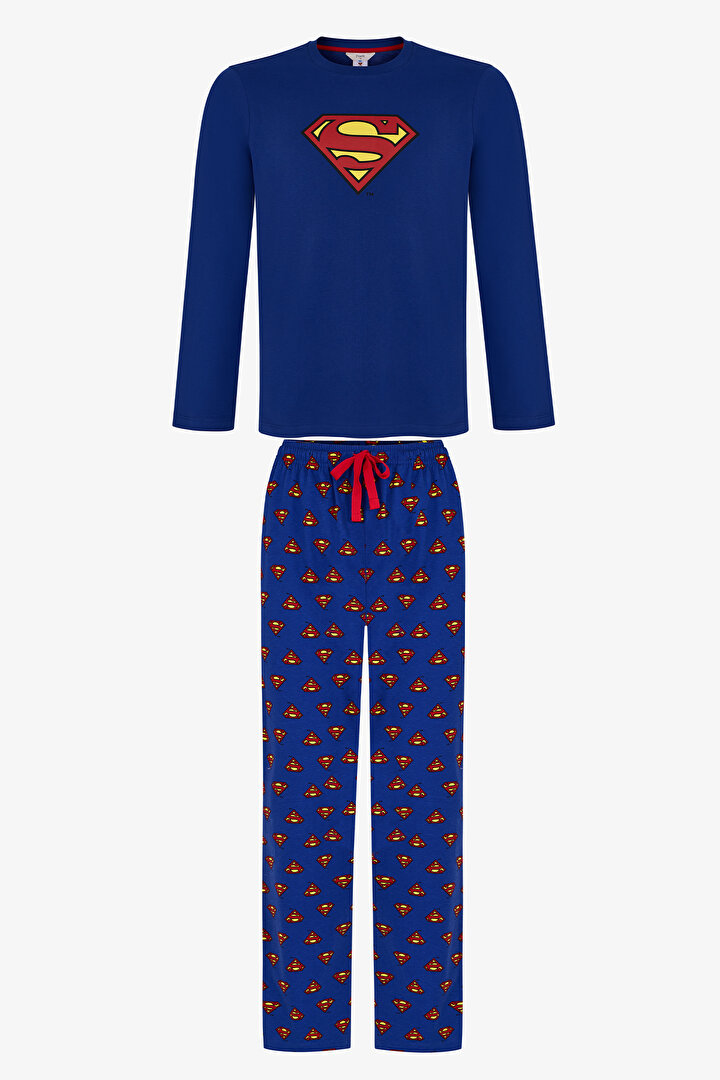 Erkek Superman Ekoseli Pantolon Uzun Kollu Pijama Takımı - 1