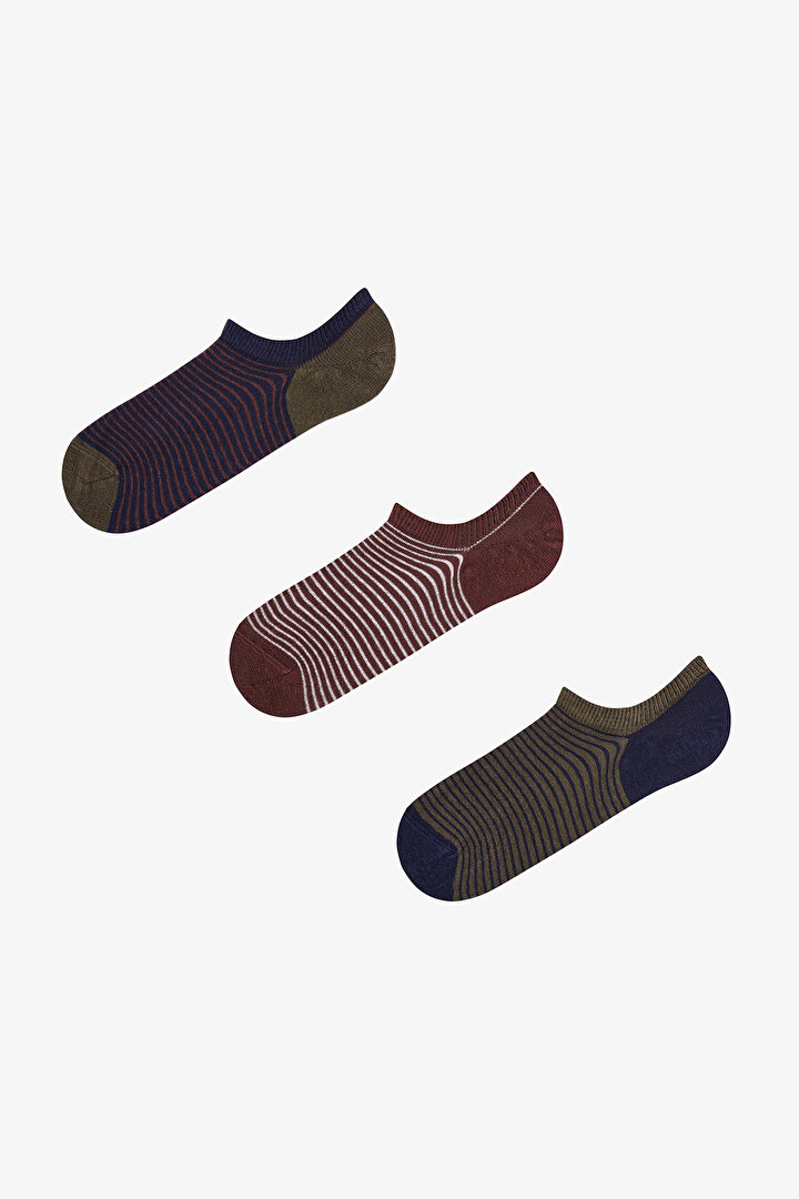 Erkek Haki Below Surface Çizgili Pamuklu 3 Çift Sneaker Çorap - 1