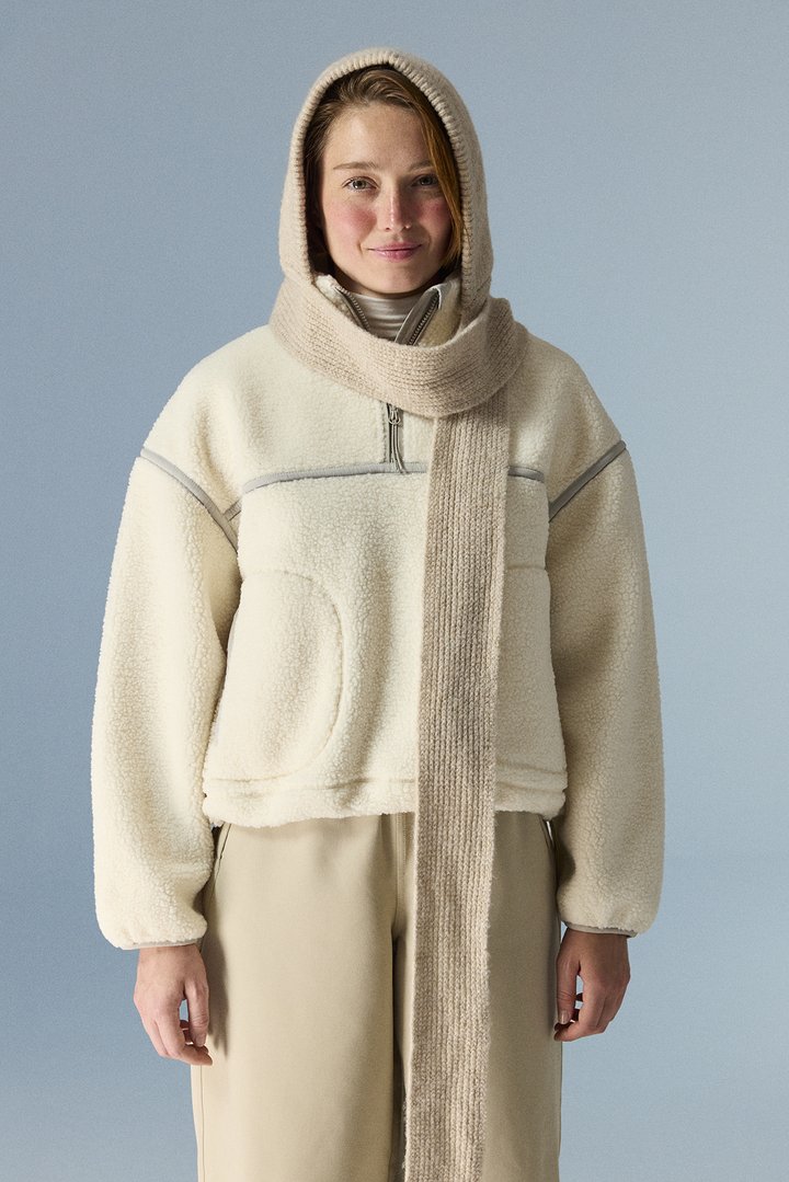 Beige Contrast Sherpa Zipped Long Sleeve Jacket - 1