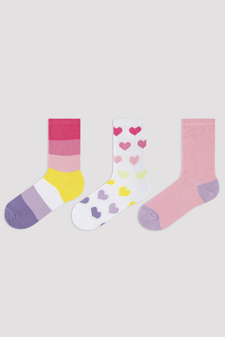Çok Renkli Girls Funny Hearts 3lü Paket Soket Çorap - 1