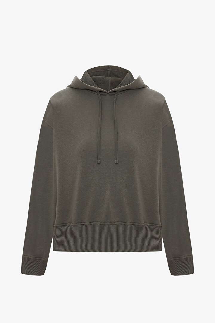 Khaki Hooded Crop Sweatshirt - 1
