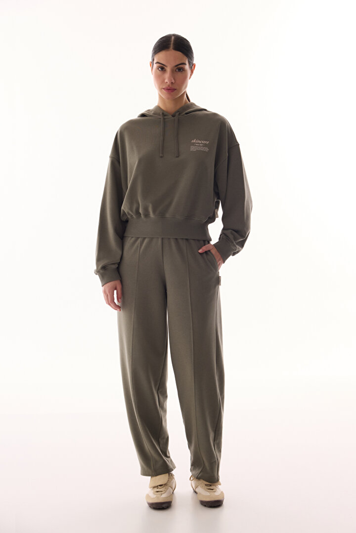 Haki Kapüşonlu Crop Sweatshirt - 2