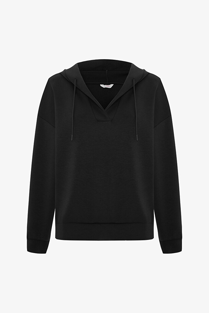 Siyah Silky Feel V Yaka Hoodie - 1