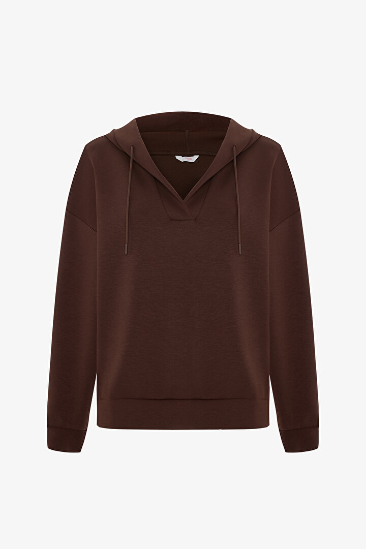 Kahverengi Silky Feel V Yaka Hoodie - 1