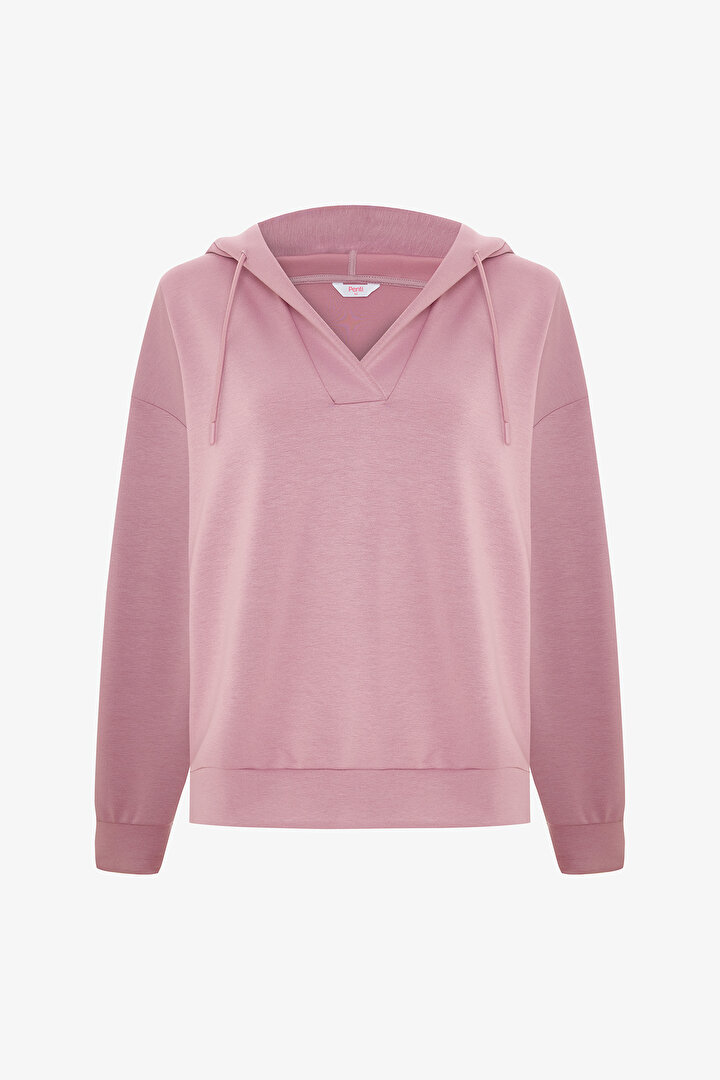 Açık Lila Silky Feel V Yaka Hoodie - 1