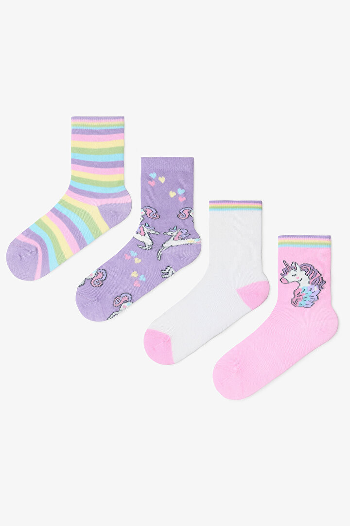 Kız Çocuk Çizgili Unicorn Desenli Pamuklu 4'lü Soket Çorap - 1