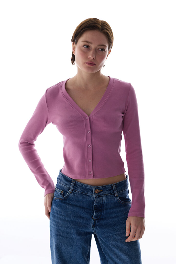 Rose Pink Rib Cardigan Top - 1