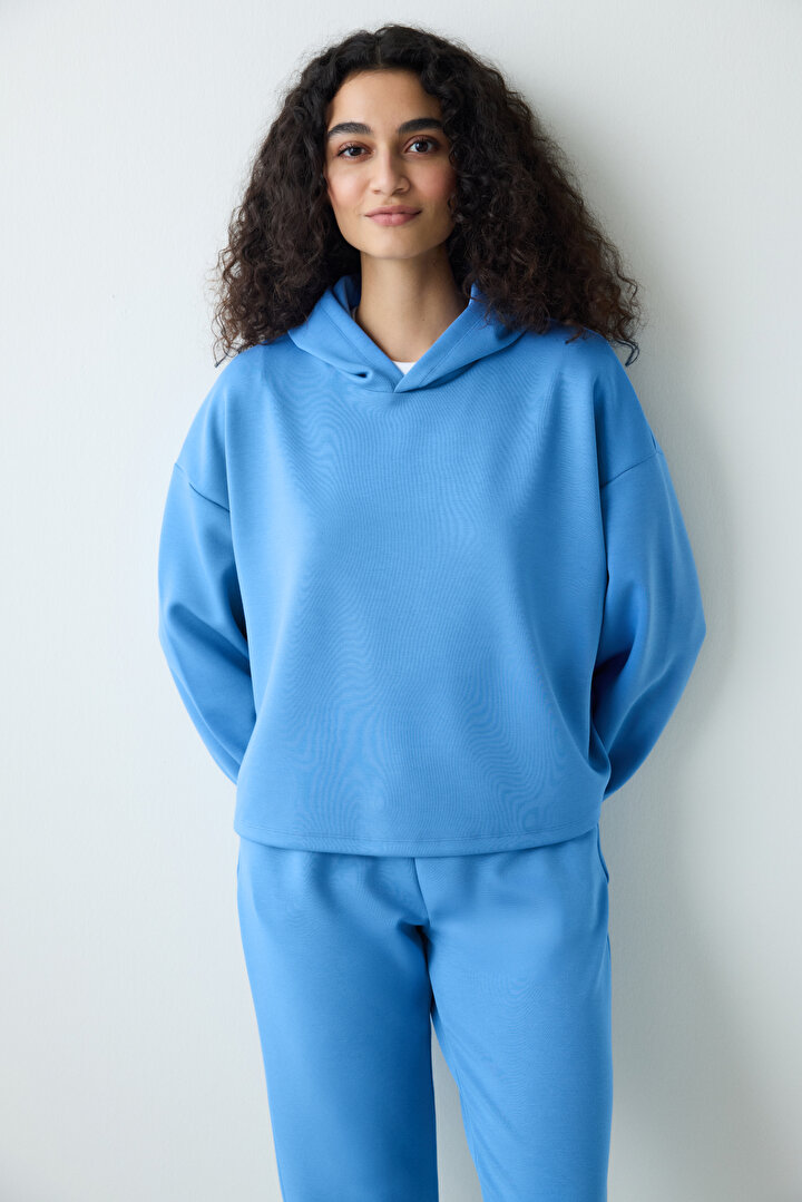 Mavi Kapüşonlu Silky Touch Sweatshirt - 1