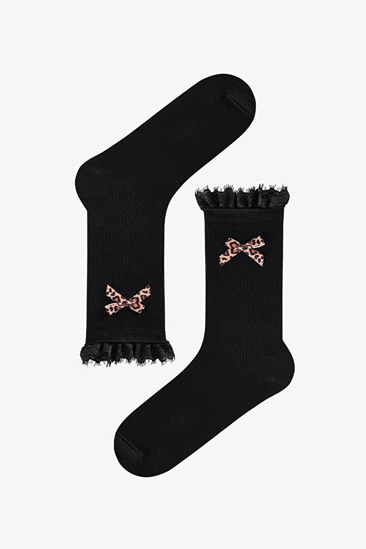 Siyah Leopar Bowtie Pamuklu Soket Çorap - 1