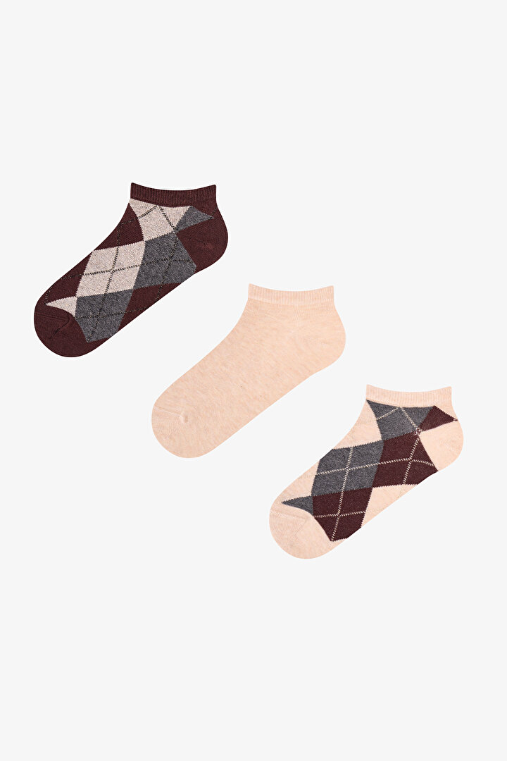 Brown Beige Shiny Checked Argyle Cotton 3 Pack Liner Socks - 1