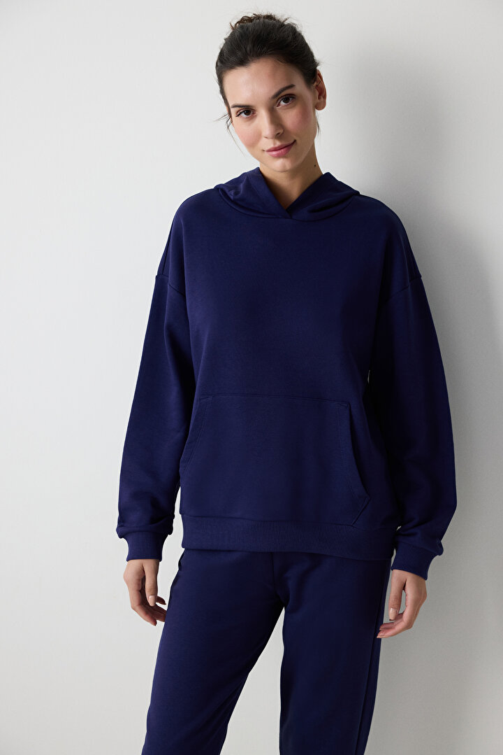 Koyu Indigo Bol Kesim Kapüşonlu Hoodie  - 1