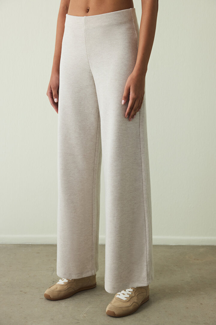 Beige Melange Warm High Waist Wide Leg Trousers - 1