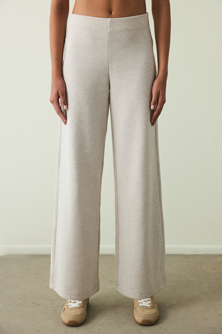 Beige Melange Warm High Waist Wide Leg Trousers - 2
