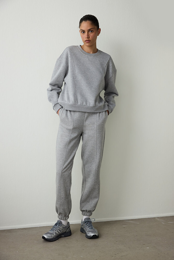 Gri Melanj Curvy Side Bisiklet Yaka Oversize Kısa Sweatshirt - 1