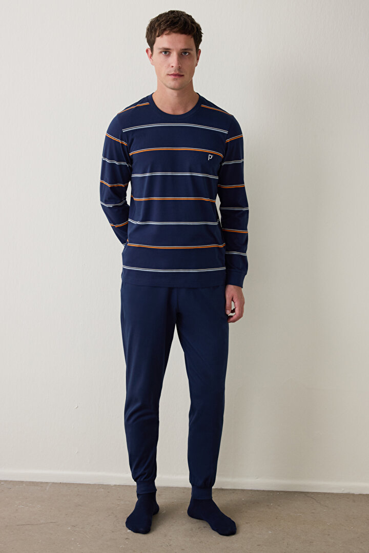 Navy Blue Man Striped Jogger Pajama Set - 1
