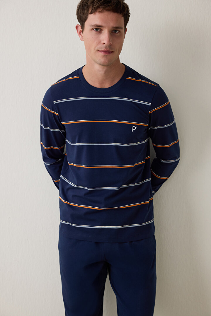 Navy Blue Man Striped Jogger Pajama Set - 2
