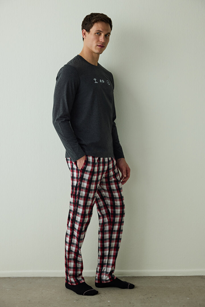 Erkek Winner Slogan Baskılı Bisiklet Yaka Uzun Kollu Pijama Takımı - 2