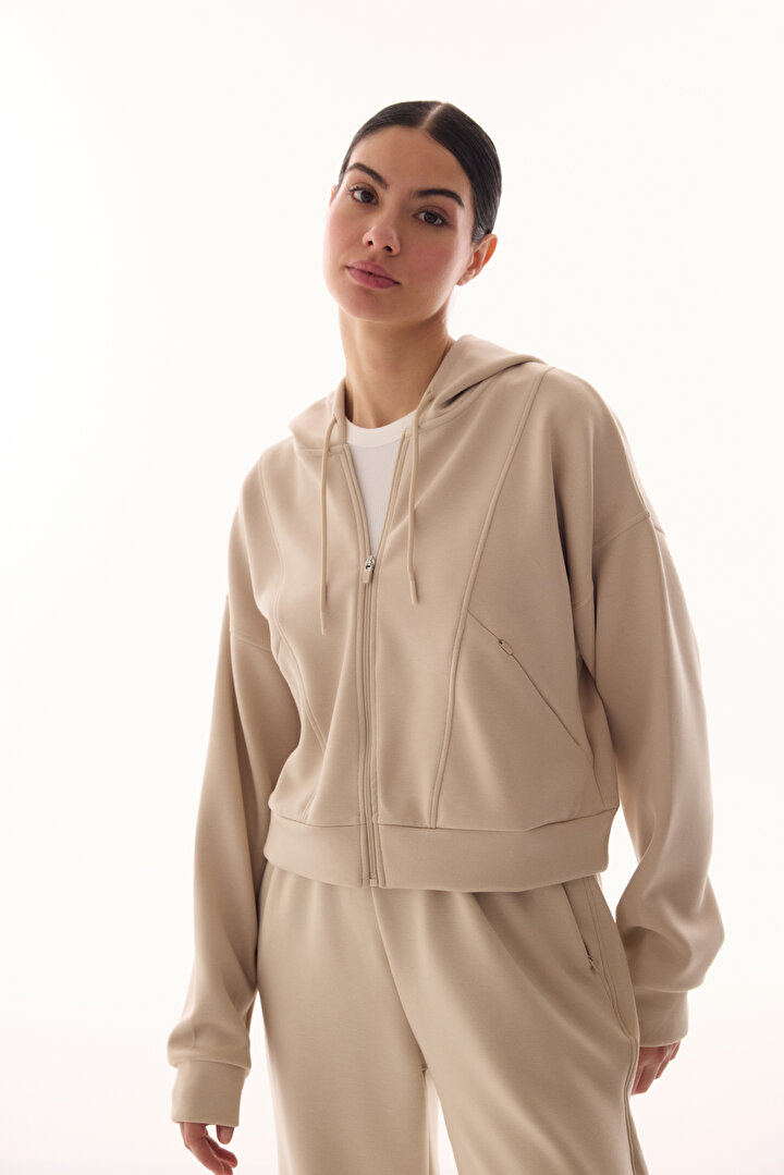 Beige Silky Feel Zipped Hoodie - 2