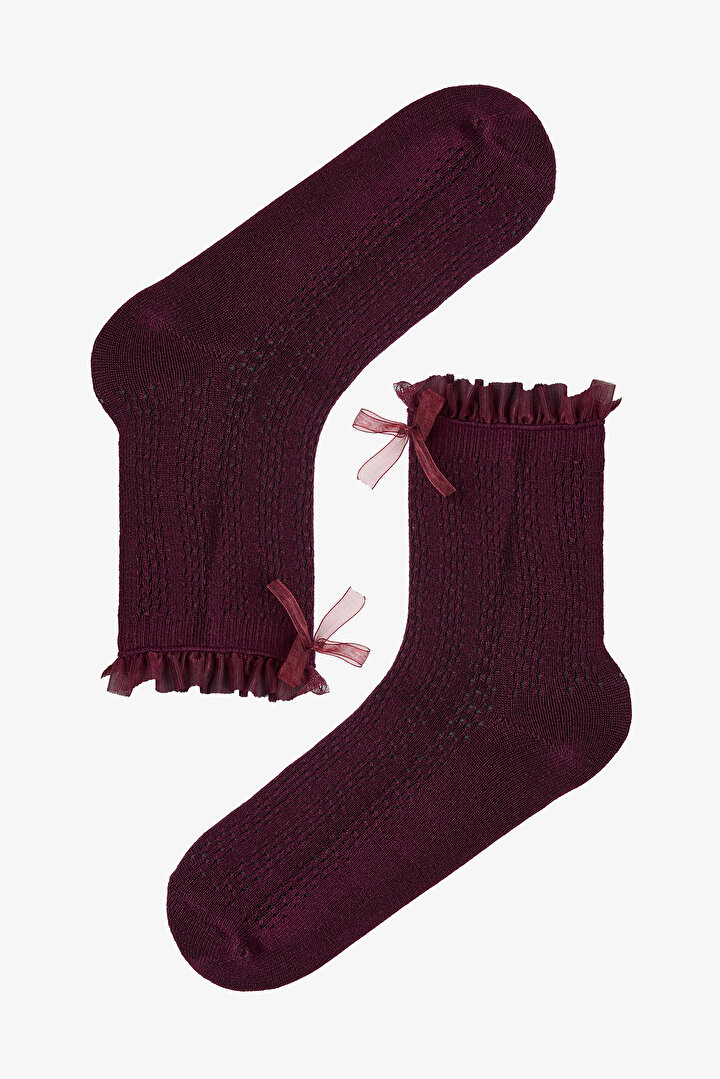 Pamuklu Bilek Kısmı Kurdele Detaylı ve Tül Fırfırlı Soket Çorap - 1