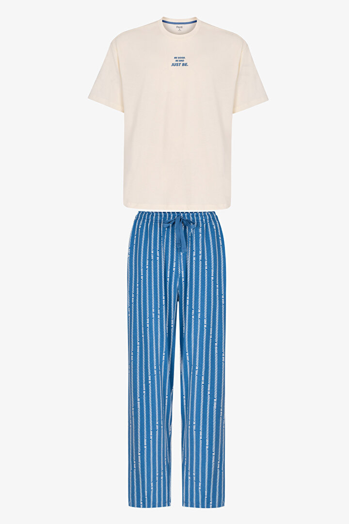 Erkek Refined Çizgili Oversize Pantolon Kısa Kollu Pijama Takımı - 1