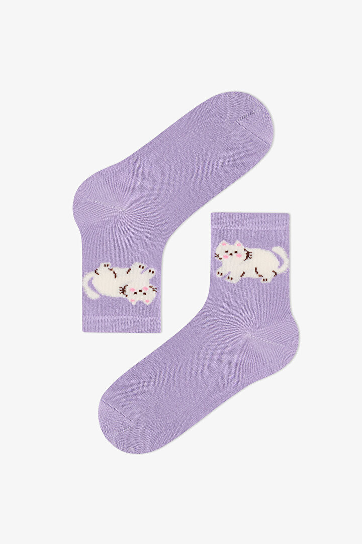 Kız Çocuk Pembe Fluffy Cat Kedi Desenli Pamuklu 4 Çift Soket Çorap - 2