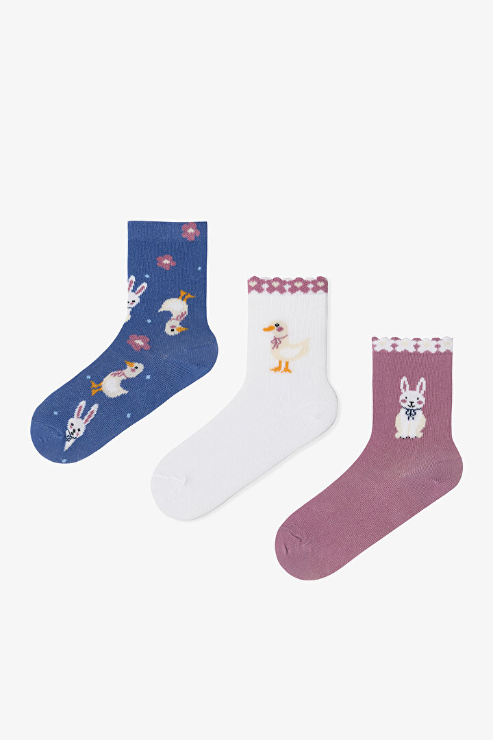 Çok Renkli Kız Çocuk Rabbit Tavşan Desenli 3'lü Soket Çorap - 1
