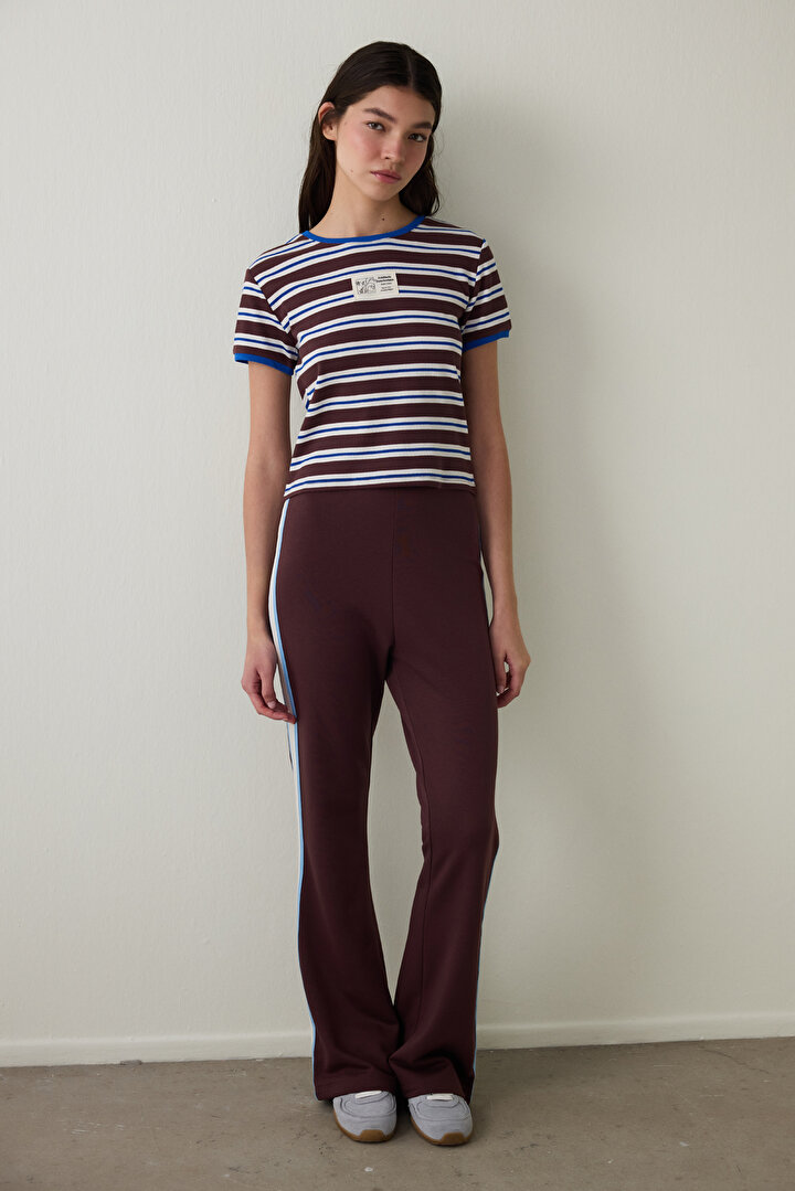 Brown Steppe Tulip Crew Neck Striped Crop T-Shirt - Inspired by Flora - 1