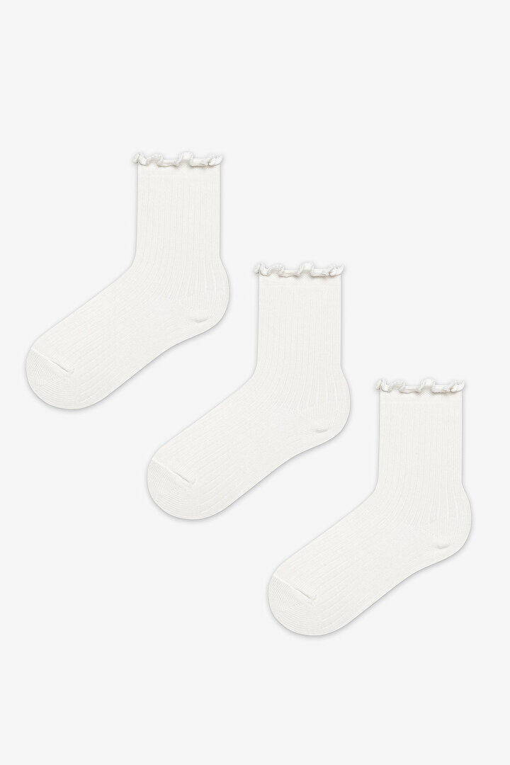 Girls White Frill 3in1 Rib White Socket Socks - 1