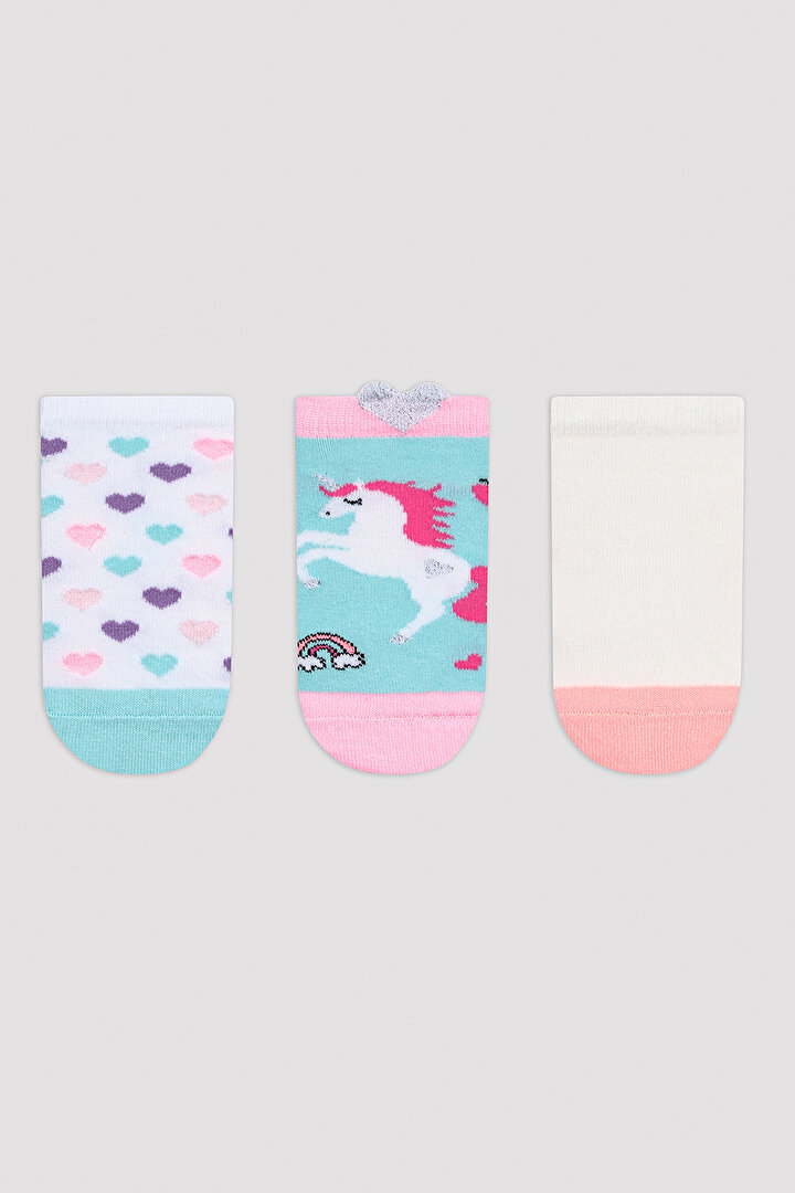 Kız Çocuk Unicorn Kalpli Çok Renkli 3lü Patik Çorap - 1