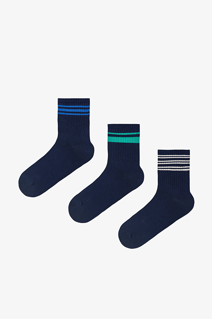 Multicolored Man Navy Line Striped 3-Pack Socket Socks - 1