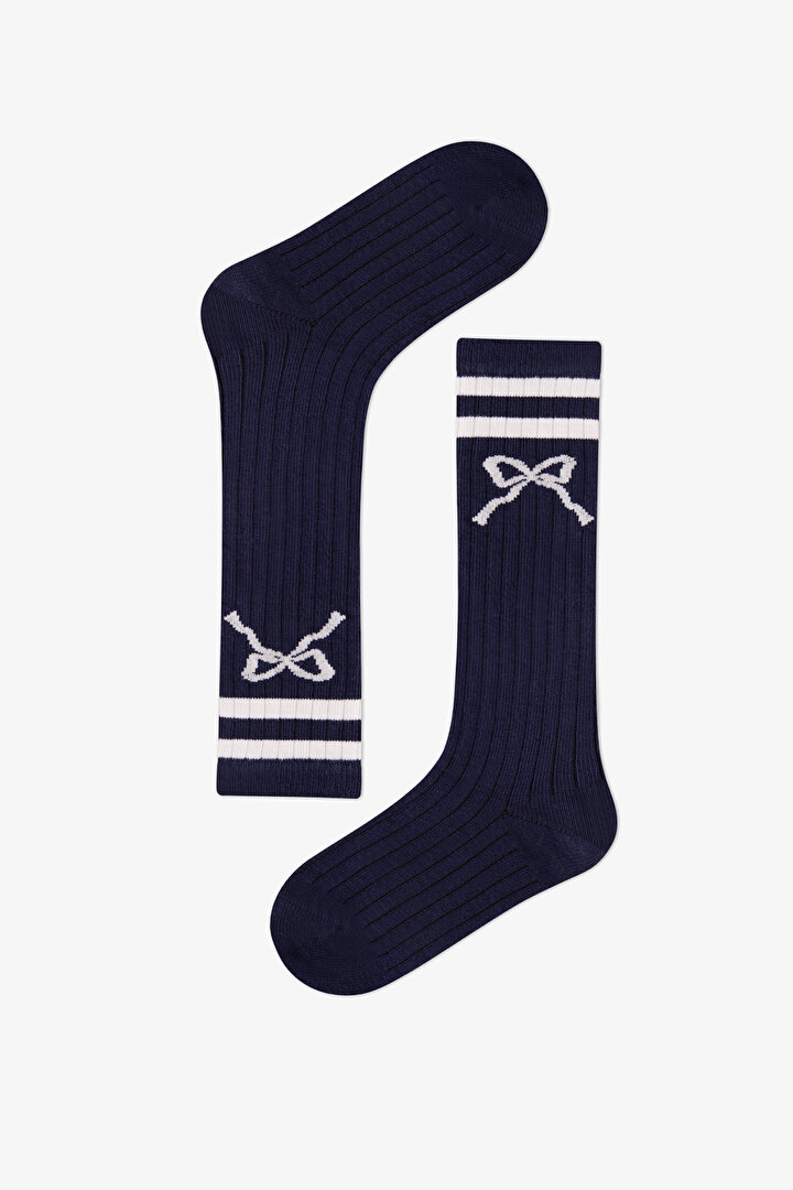 Kız Çocuk Lacivert Melanj Navy Bow Pamuklu Pantolon Çorap - 1